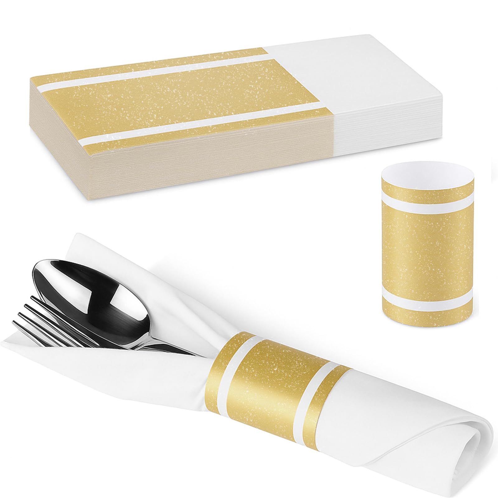 Photo 1 of 100 Pcs Napkin Bands - Paper Napkin Rings Self Adhesive,Silverware Wraps Bands for Wedding Party Event Dinner Table Setting(Gold)