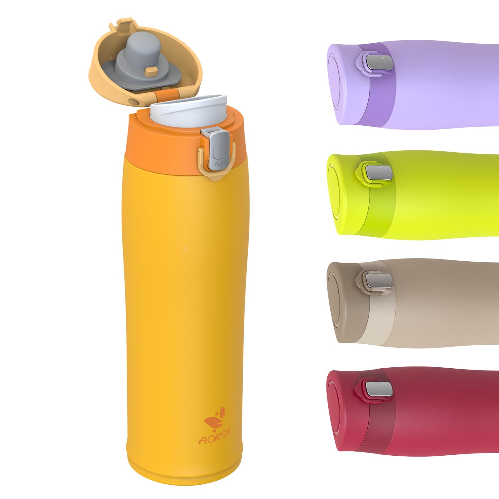 AORIN 18/8 Stainless Steel Water Bottle with 2 Lids, 500ml, Vacuum Insulated Metal Bottle, Leakproof Drinks Bottle, BPA Free, Hot & Cold Compatible, Portable Flask for Gym, Sport, Daily