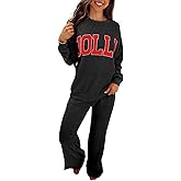 Whrounnk Women‘s 2 Piece Outfit Christmas Ribbed Knit Long Sleeve Letter JOLLY Top and Pockets Pants Set Matching Loungewear