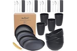 WWYYBFK 28PCS Wheat Straw Dinnerware Sets for 4, Kitchen Wheat Straw Plates and Bowls Sets, College Dorm Dinnerware Dishes Set for 4 with Cutlery Set (Black)