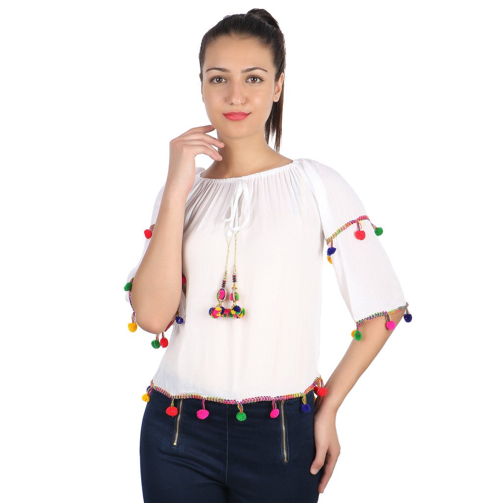 papsara white rayon pom pom top
