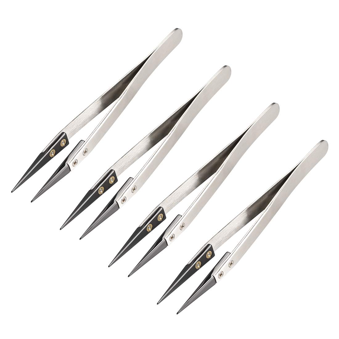 sourcing map Precision Ceramic Tweezers Non-Conductive Heat Resistant Anti-Static Straight Pointed Tweezer Silver Tone Black for Pinching Coils, 4 Pack