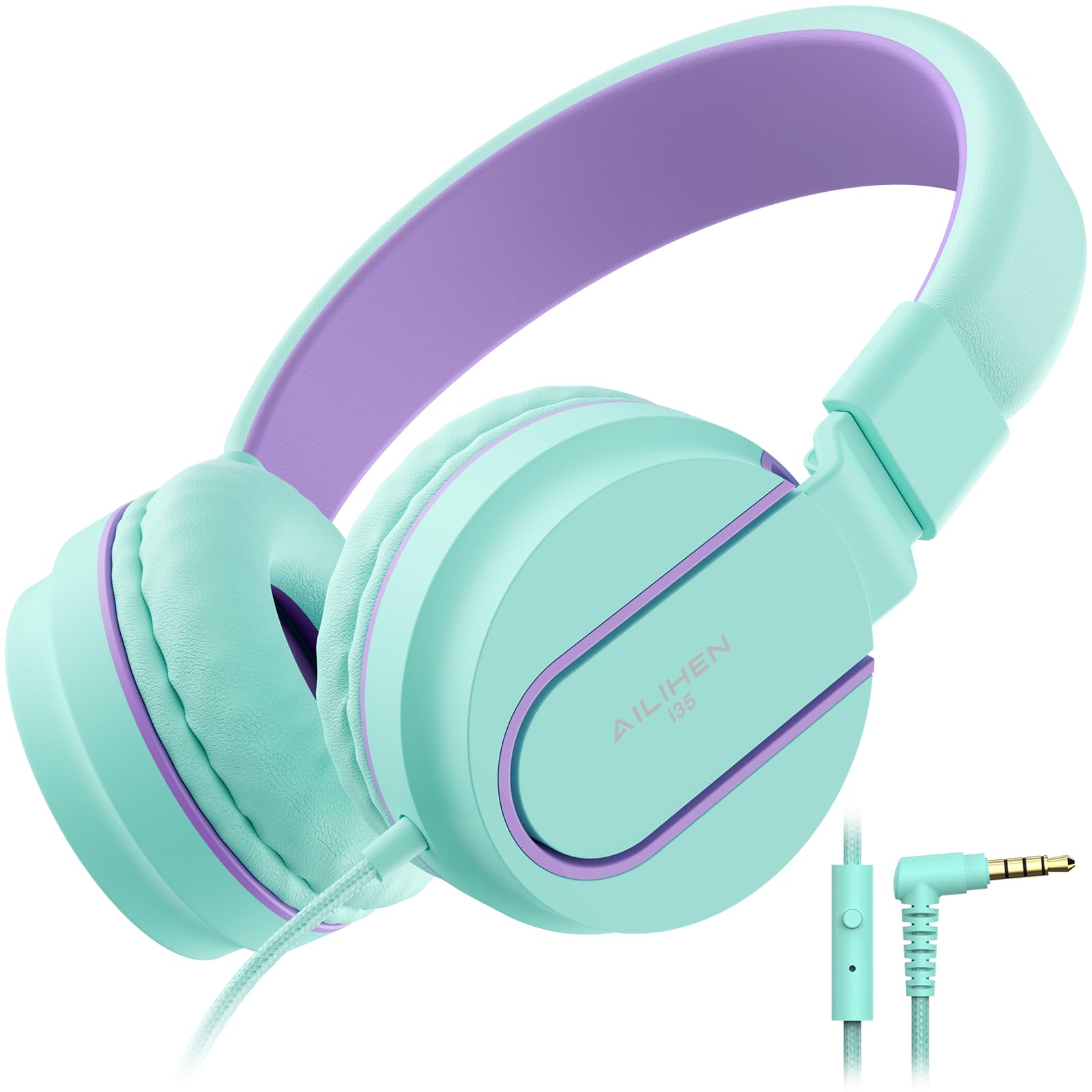 Ailihen I35 Kid Headphones with Microphone Volume Limited 93dB Children Girls Boys Teen Lightweight Foldable Wired Headset for School Online Course Chromebook Cellphones Tablets (Light Blue)