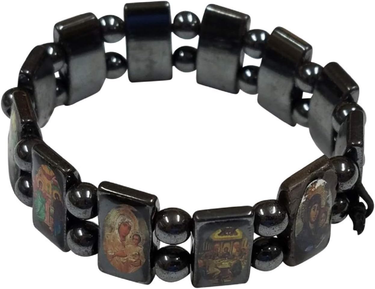 Saint Icons Black Hematite Bracelet Rosary,jesus, Ann Rita, Mary by Bethlehem Gifts TM