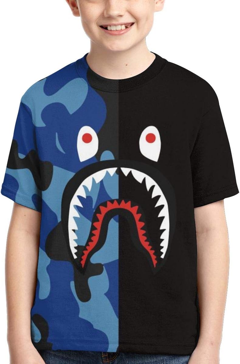 Bape Shark Half Gray Camo Boys Girls 3D Printed Short Sleeves T Shirt Fashion Youth Tee Shirts