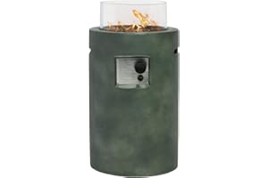 COSIEST Outdoor Propane Fire Pit Table w Compact Ledgestone 16-inch Round Graphite Base and Glass Wind Guard, 40,000 BTU, Free Lava Rocks, Fits 20lb (Grayish-Green)