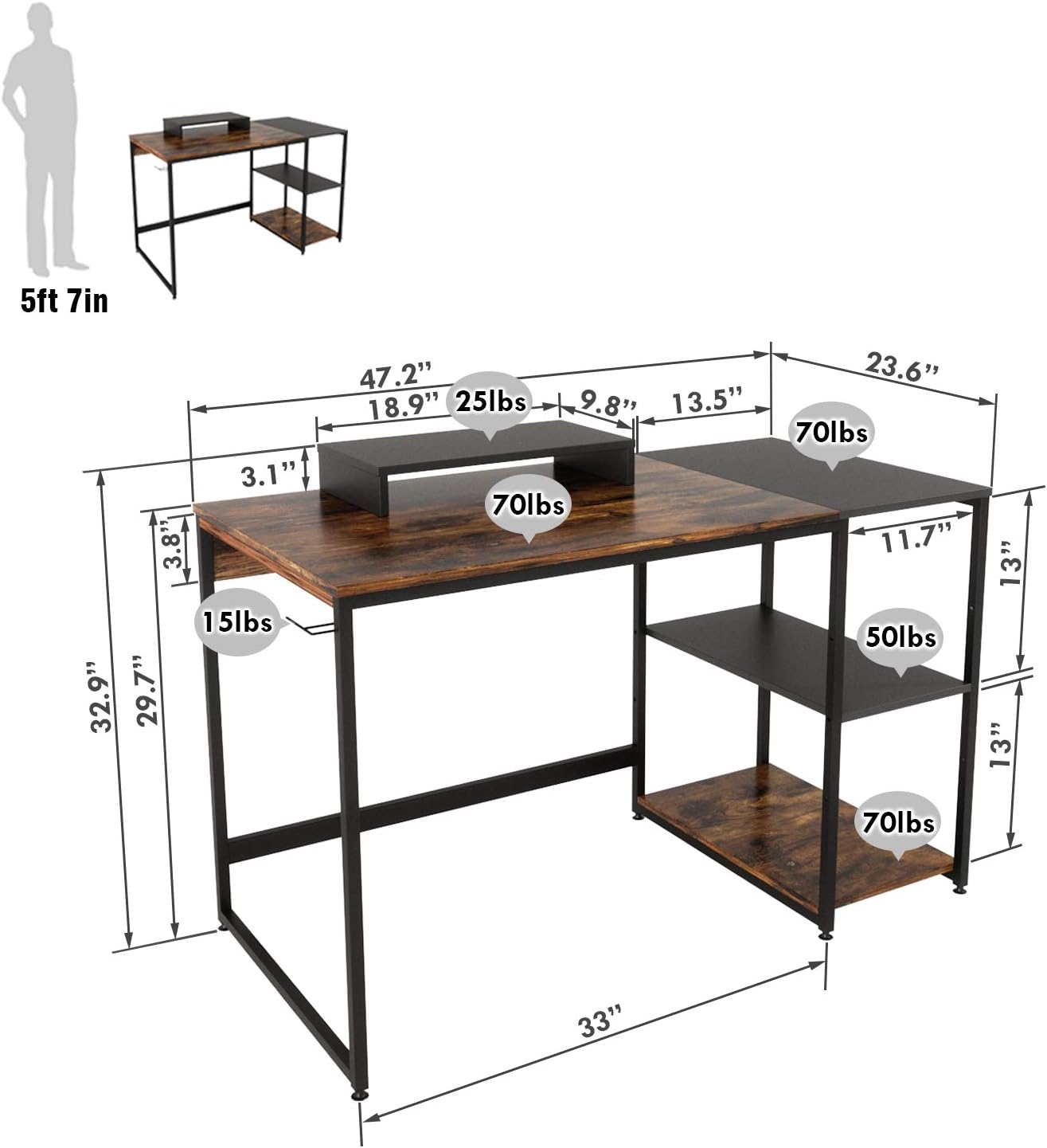 Nost & Host Computer Desk with Storage Shelves and Free Large Monitor Stand, Sturdy Wooden Modern Industrial Home Office PC Laptop Study Writing Table Workstation, 47.2 inches, Rustic Brown and Black: Kitchen & Dining