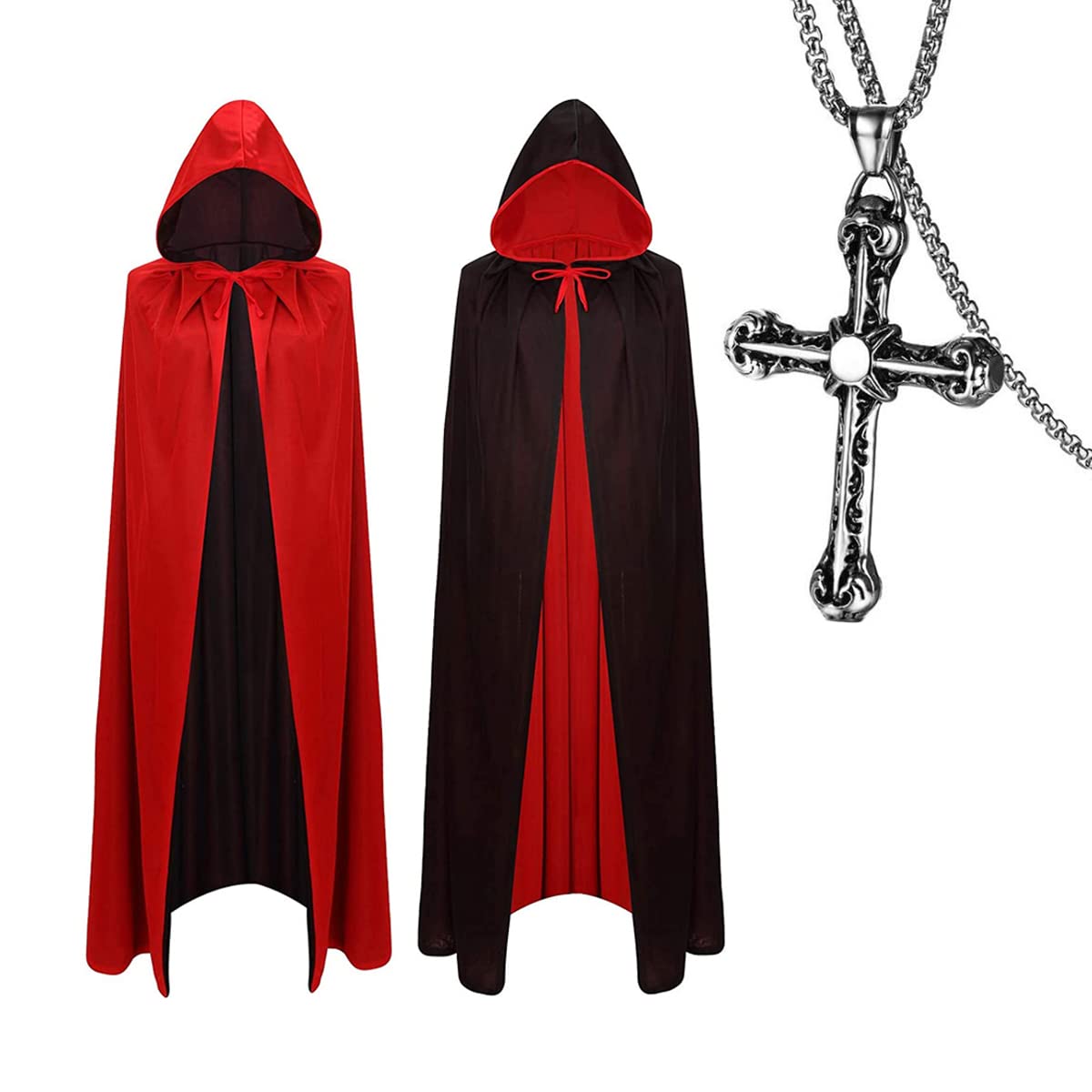 Pro-Noke Halloween Vampire Cloak with Cross Necklace Black and Red Reversible Hooded Witch Capes Adult Halloween Party Wizard Witch Vampires (Black w/t Red, 90cm)