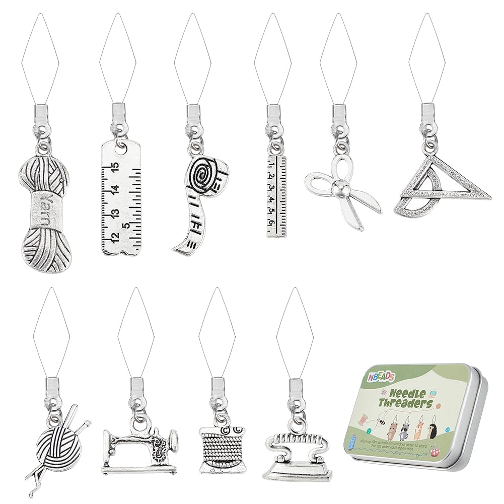 NBEADS 20 Pcs Sewing Tools Needles Threader, 304 Stainless Steel Wire Loop DIY Needle Threader Hand Sewing Tool Sewing Thread DIY Tools with Alloy Pendants and Box for Sewing Crafting