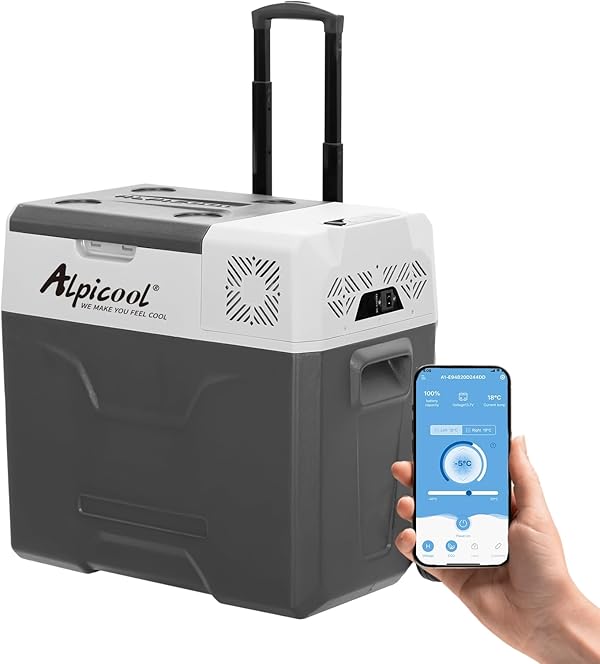 Alpicool CX50 50L Kompressor Kühlbox 12V tragbarer Kühlschrank elektrische Gefrierbox klein Gefrierschrank für Auto Camping, LKW, Boot und Steckdose mit USB-Anschluss, Teleskopstange Rad