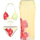 ZAFUL Womens 3pcs Swimsuit Floral Halter Triangle Bikini Top Tie Side Bottom with Long Sheer Cover Up Skirt