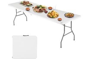 FDW 6FT Folding Table, Portable Fold-in-Half Plastic Picnic Party Table with Carrying Handle （White, 6FT）