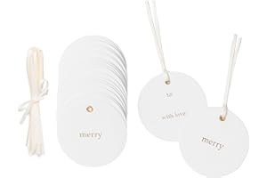 Merry Market Christmas Holiday Letterpress Gift Tags, Gold Foil, Merry, to and with Love, Set of 25 Paper Tags with Satin Ribbon, Round