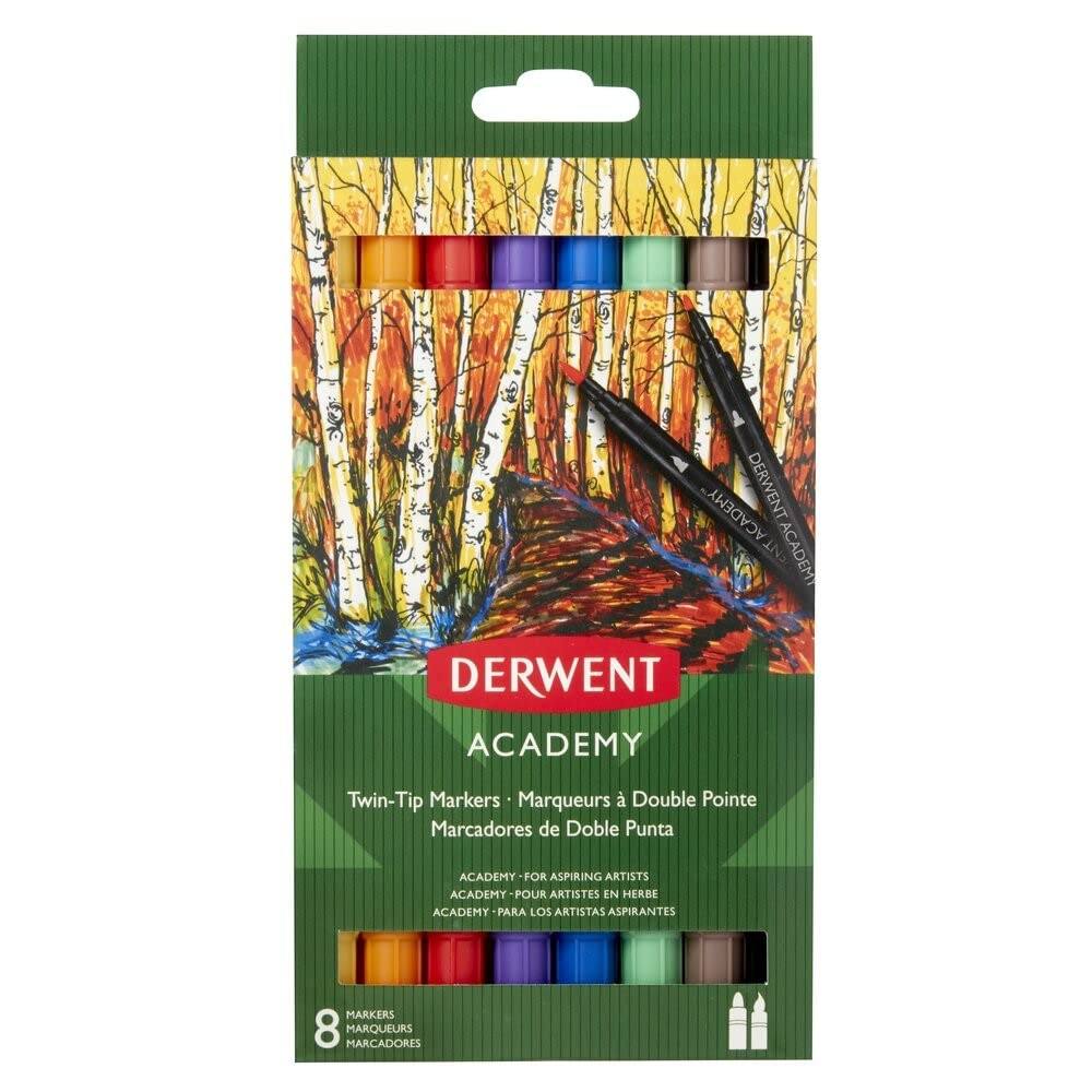 Derwent Academy Twin Tip Markers, Set of 8, Fine & Brush, 98206