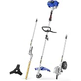 Wild Badger Power 26cc 2-Cycle Gas Weed Wacker, 4-in-1 Wheeled Edger Kit | 17-in trimmer, 9-in wheeled-edger , 16-in hedge blade and 10-in brush blade for grass, borders, hedges and brush.