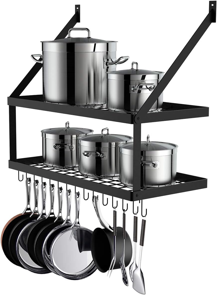 KLXHOME Wall Mounted Pot Rack with 2Tier 15 Hooks, Kitchen