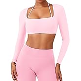 YEOREO Long Sleeve Crop Tops for Women Square Neck Workout Yoga Cropped T Shirt Top Padded Halter Neck with Detachable