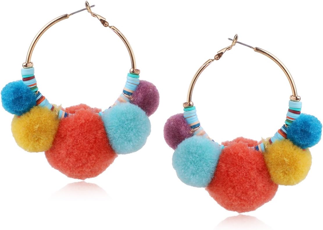 KING Big Hoop Statement Earrings Pom Poms Bohemian Earrings for Women Orange …