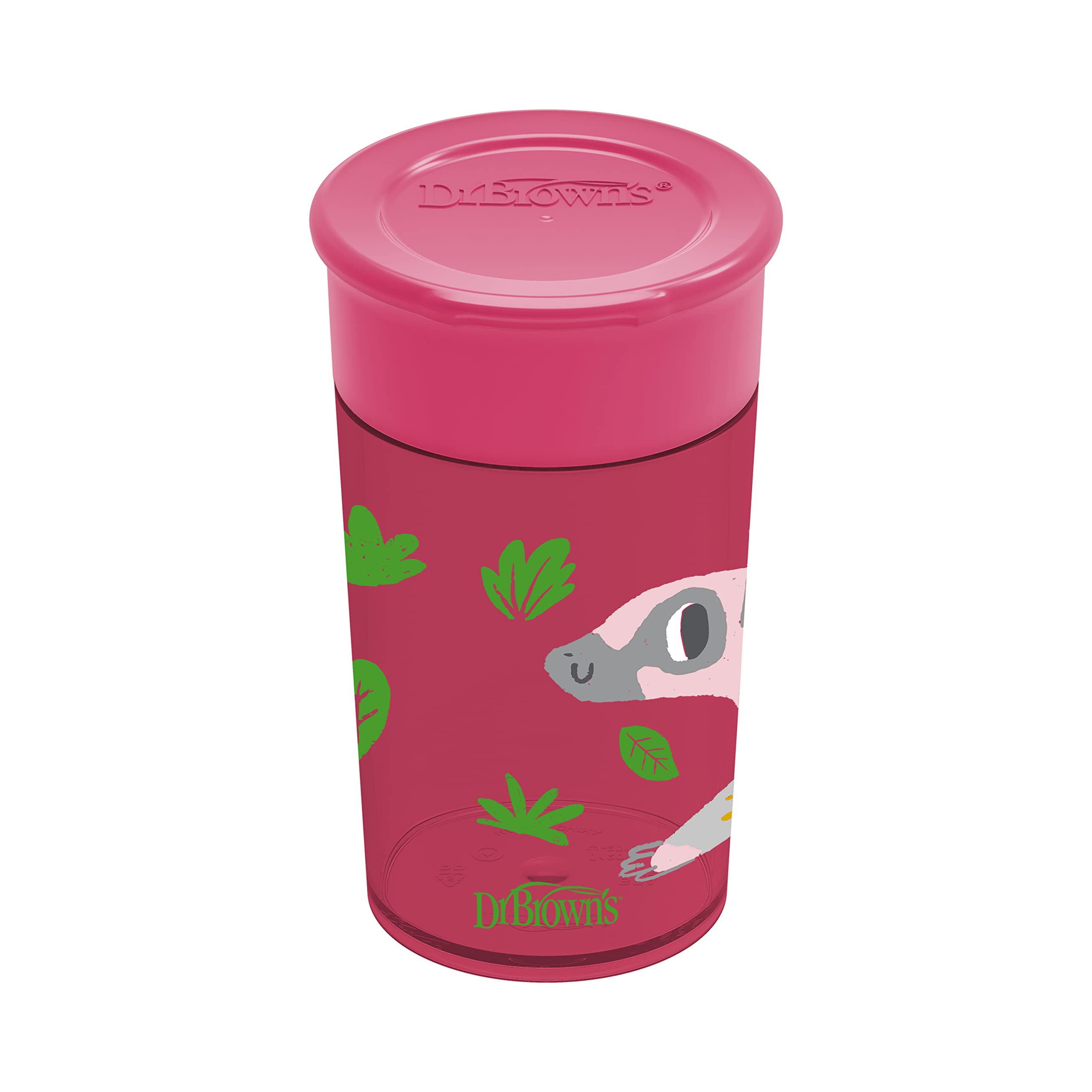 Dr. Brown's Milestones Cheers 360 Cup Spoutless Transition Cup, Travel Friendly & Leak-Free Sippy Cup, Pink Leopard – Red Lemur, 10 oz/300 mL, 2 count (1 pack)