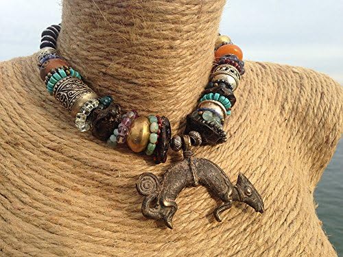 Tribal Madness. Antique African Brass, Raw Baltic Amber, Ethiopian and Tibethat Silver, Gemstones. Primitive, Rustic, Boho, Eclectic, Lizard