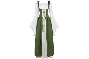 Lehauya Womens Renaissance Costume Medieval Irish Over Dress and Trumpet Sleeves Chemise Boho Set