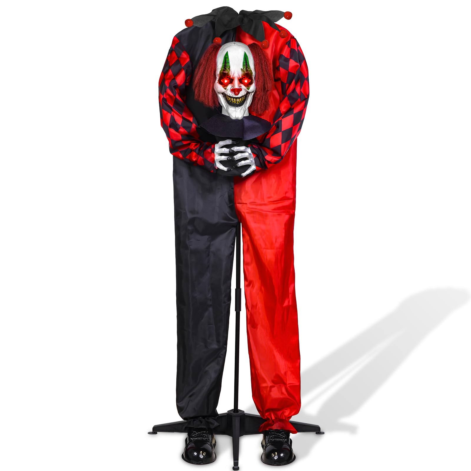 Photo 1 of [ Sound Activated ] 60" Halloween Animatronic Clown, Scary Animated Standing Clown with Rotating Head Flashing Red Eyes Creepy Sound for Halloween Decorations Outdoor Indoor Yard Party Haunted House