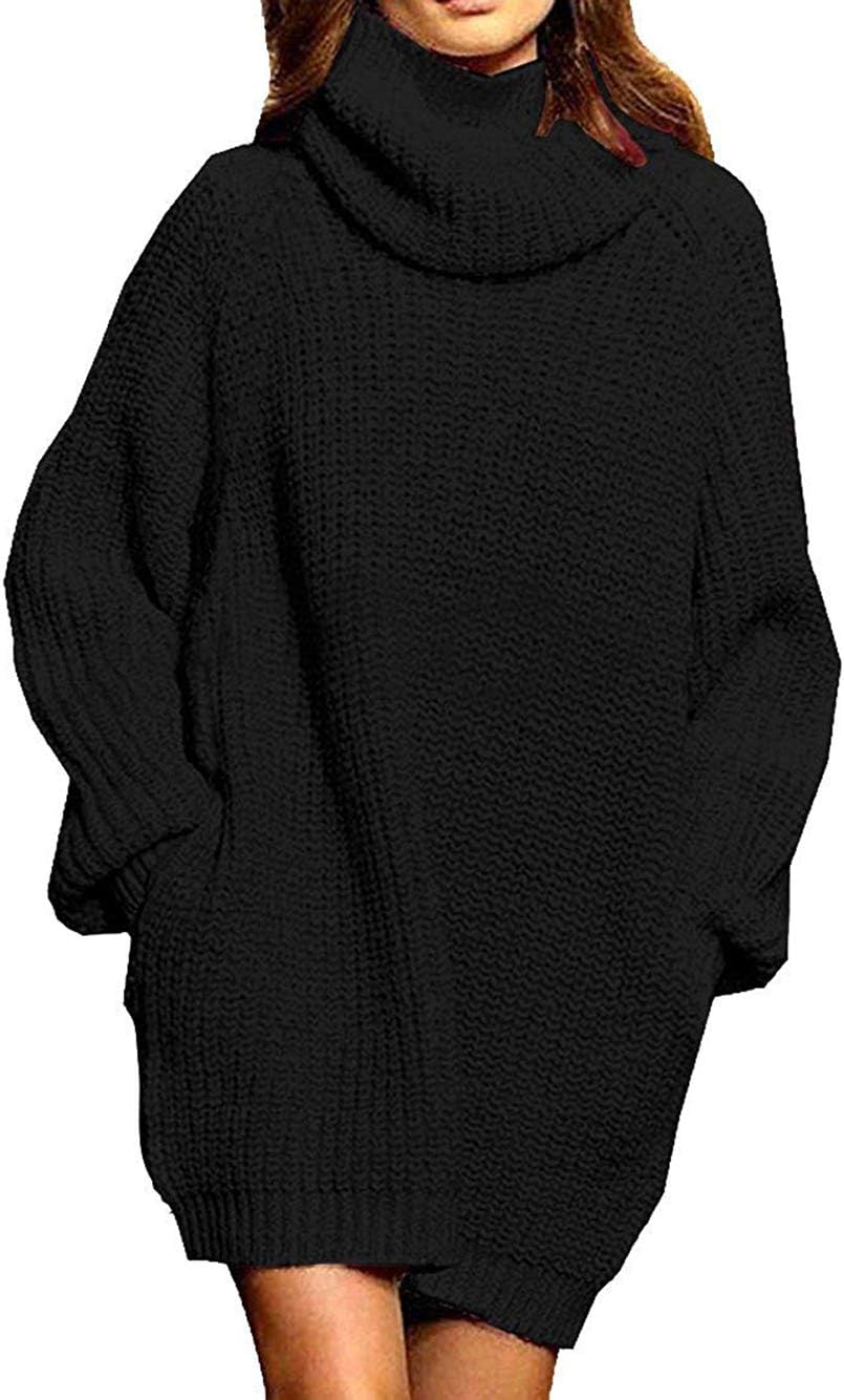 Fengtres Ladies Wool Turtle Neck Loose Pullover Sweater Jumpers Dress