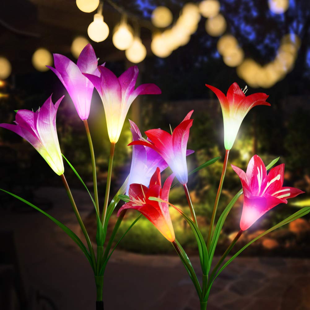 Solar Flower Lights w 8Lily Flowers,MultiColor Changing LED(Purple