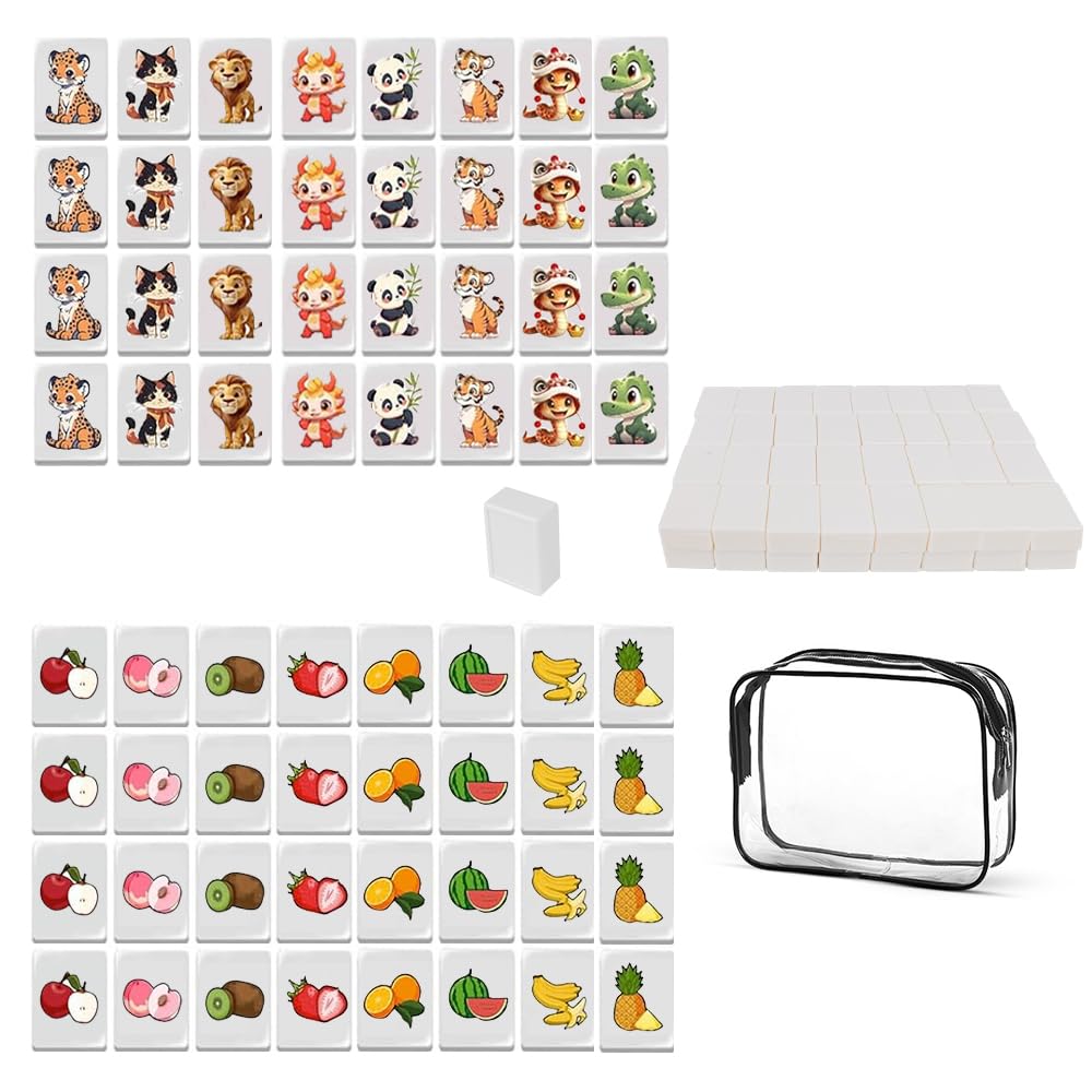 KBIBCK Seaside Escape Game Blocks Mahjong Sets, 65 Tiles Seaside Escape Board Games, Mini Mahjong Set, Cartoon & Fruit Pattern MahjongGame Beachside Board Games, Family Board Game for Kids and Adults