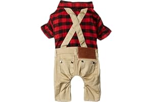 SMALLLEE_LUCKY_STORE Pet Clothes for Small Dog Cat Red Plaid Shirts Sweater with Khaki Overalls Pants Jumpsuit Outfits M