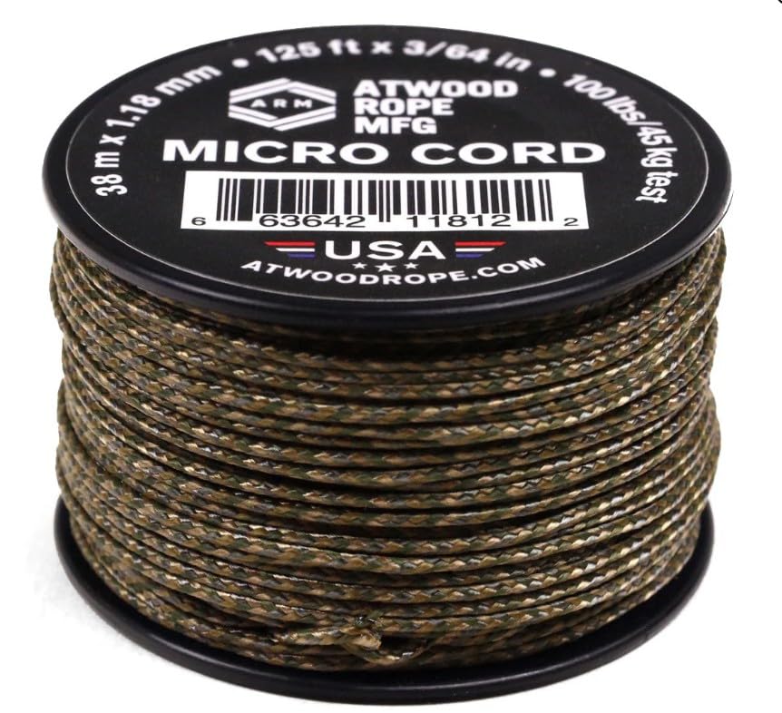 Atwood Rope MFG Tactical Nylon/Polyester Micro Utility Cord 1.18mm X 125ft Reusable Spool | Fishing Gear, Jewlery Making, Camping Accessories (M Camouflage)