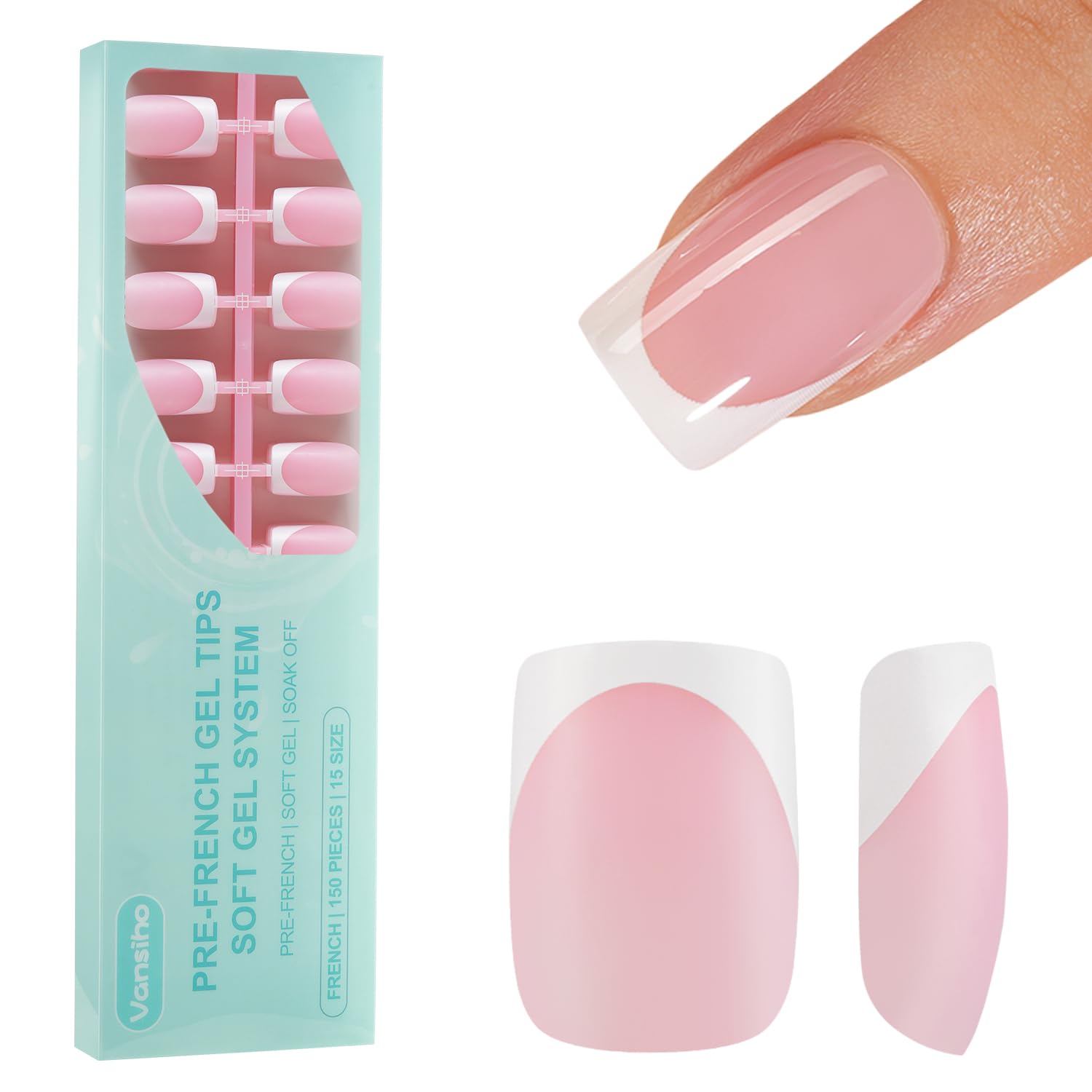 View 1 of 150Pcs French Gel Nails, Vansiho French Tip Press on Nails Pink, Short Square Soft Gel Nails, Acrylic Fake Nails for Nail Art DIY 15 Sizes