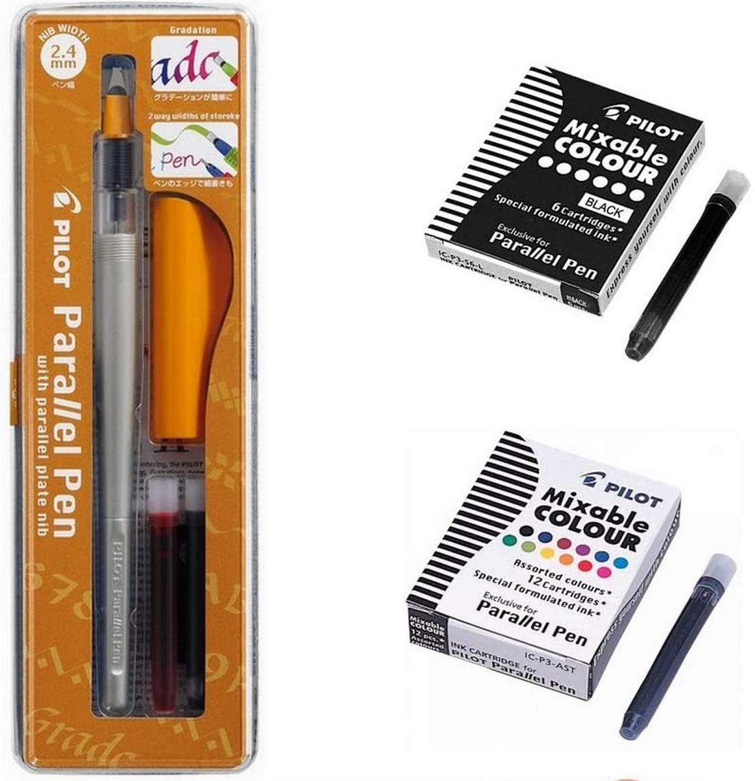 Pilot Parallel Pen Set 2.4 mm + 1 Box of 12 Ink Cartridges Assorted Colours + 1 Box of 6 Black Cartridges + 1 Ruler Wooden Bookmark Blumie