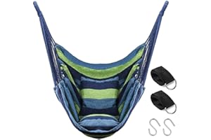 QUANFENG QF QF Hammock Chair Swing Hanging with 2 Cushions, Seat Cotton for Patio, Porch, Bedroom, Backyard, Indoor or Outdoor - Support 330lbs (Blue)