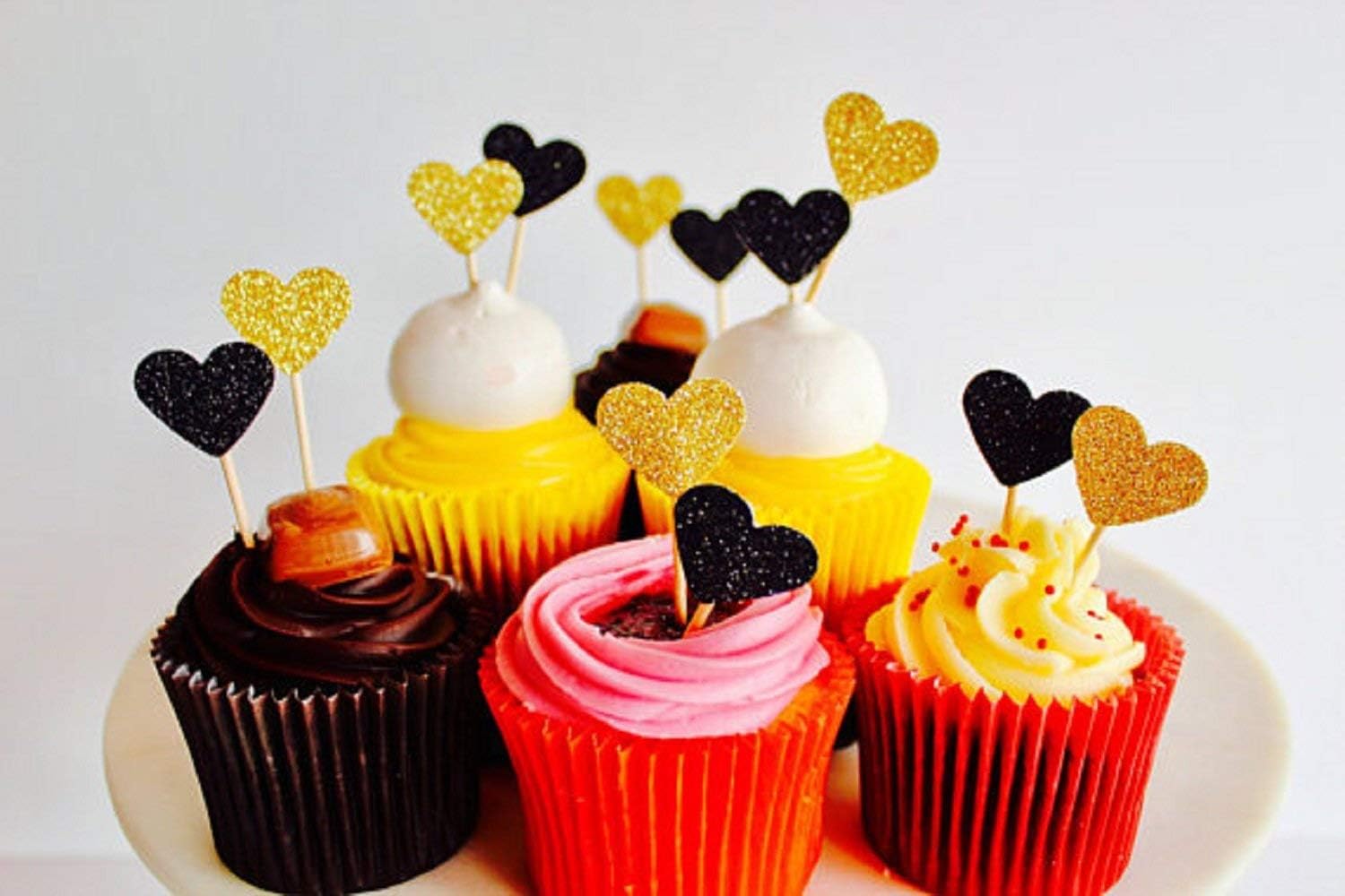 12 Mini Heart Gold & Black Glitter Card Cup Cake toppers valentines topper, wedding toppers, black heart topper, party, engagement toppers