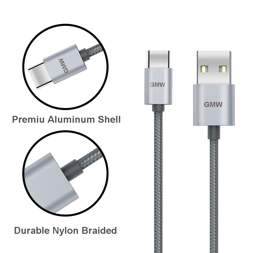 USB Type C Fast Charging Cable, GMW USB Type A to Type C Charger Cord Nylon Braided 6.6 FT 2 Pack for Huawei P20, Samsung Galaxy S9, Note 8, S8 Plus, Google Pixel