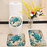 Bathroom Mat Set Toilet Seat Cover Sea Blue Marine Turtle Whale Seahorse Octopus Printed Polyester No Smell Washable Anti-Slip (Turtle)