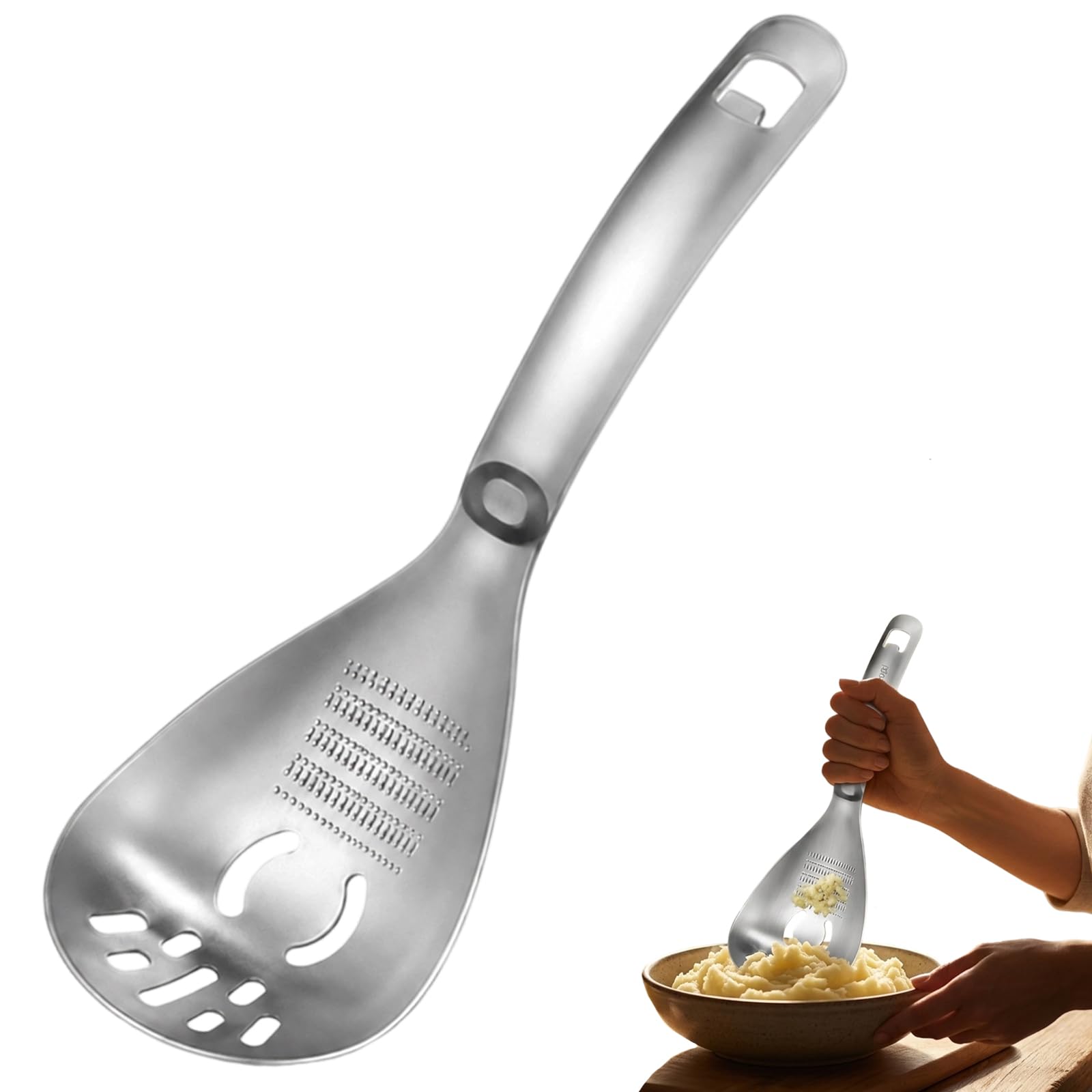 Sakerplus Multifunction Stainless Steel Cooking Grater Spoon, 5-in-1,1 | 5-in-1 cooking spoon: mash, grate, strain, separate