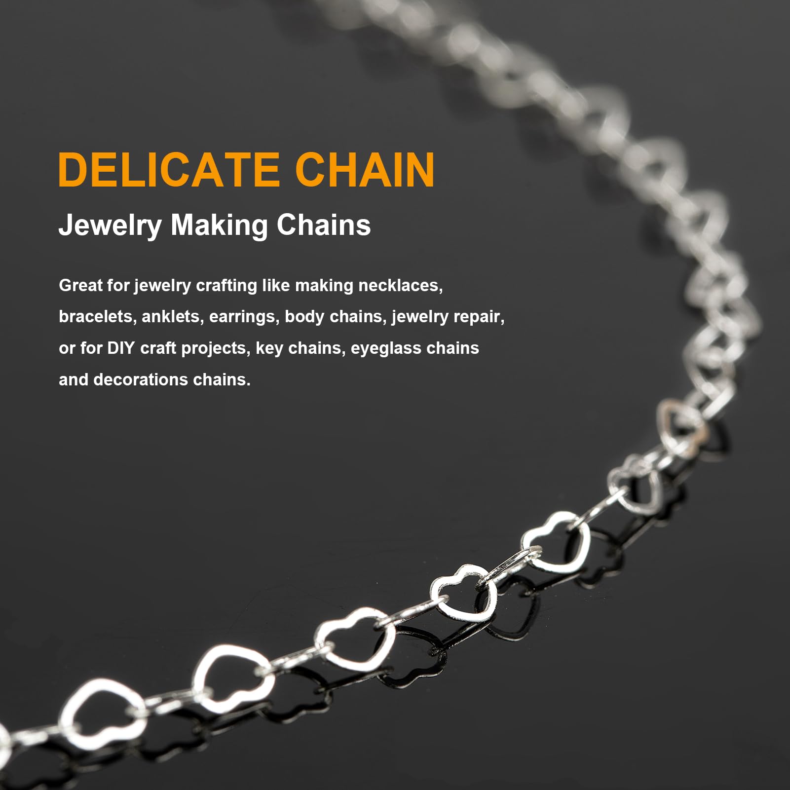 KYUNHOO 16.4 Feet/5M Silver Heart Necklace Chains for Jewelry Making Solid Copper Chain Bulk Heart Cable Link Chain Roll with Jump Rings and Lobster Clasps Jewelry Supplies Findings