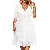 Women's Plus Size Wedding Guest Cocktail Party Semi Formal Lace Wrap V Neck Knee Length Dress