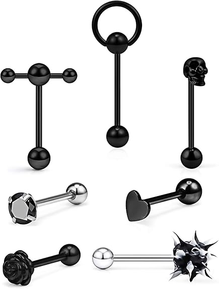 Amazon Com Prjndjw 14g Tongue Rings Skull Tongue Rings Flower Door Knocker Silicone Soft Spike Ball Heart Cubic Zircon Double Barbell Wiht Slave Tongue Rings For Women Men Body Piercing Jewelry Jewelry