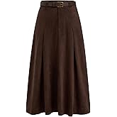 CIDER Womens Faux Suede Maxi Skirts Pleated High Waist A-Line Skirt with Belt Vintage Going Out Outfit Fall Trendy