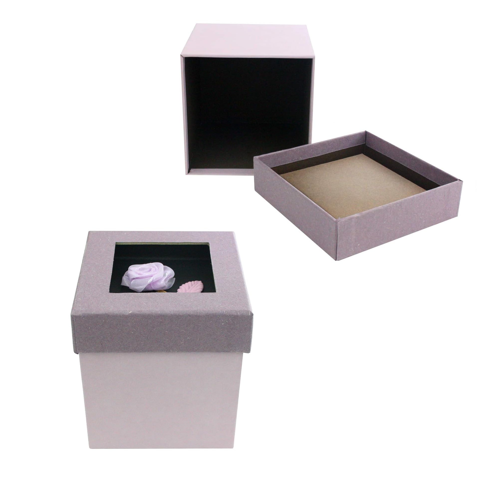 Emartbuy Rigid Luxury Square Shaped Presentation Gift Box, 11.5 x 11.5 x 9.5 cm, Purple Box with Lilac Lid, Chocolate Brown Interior and With Rose Flower Decoration