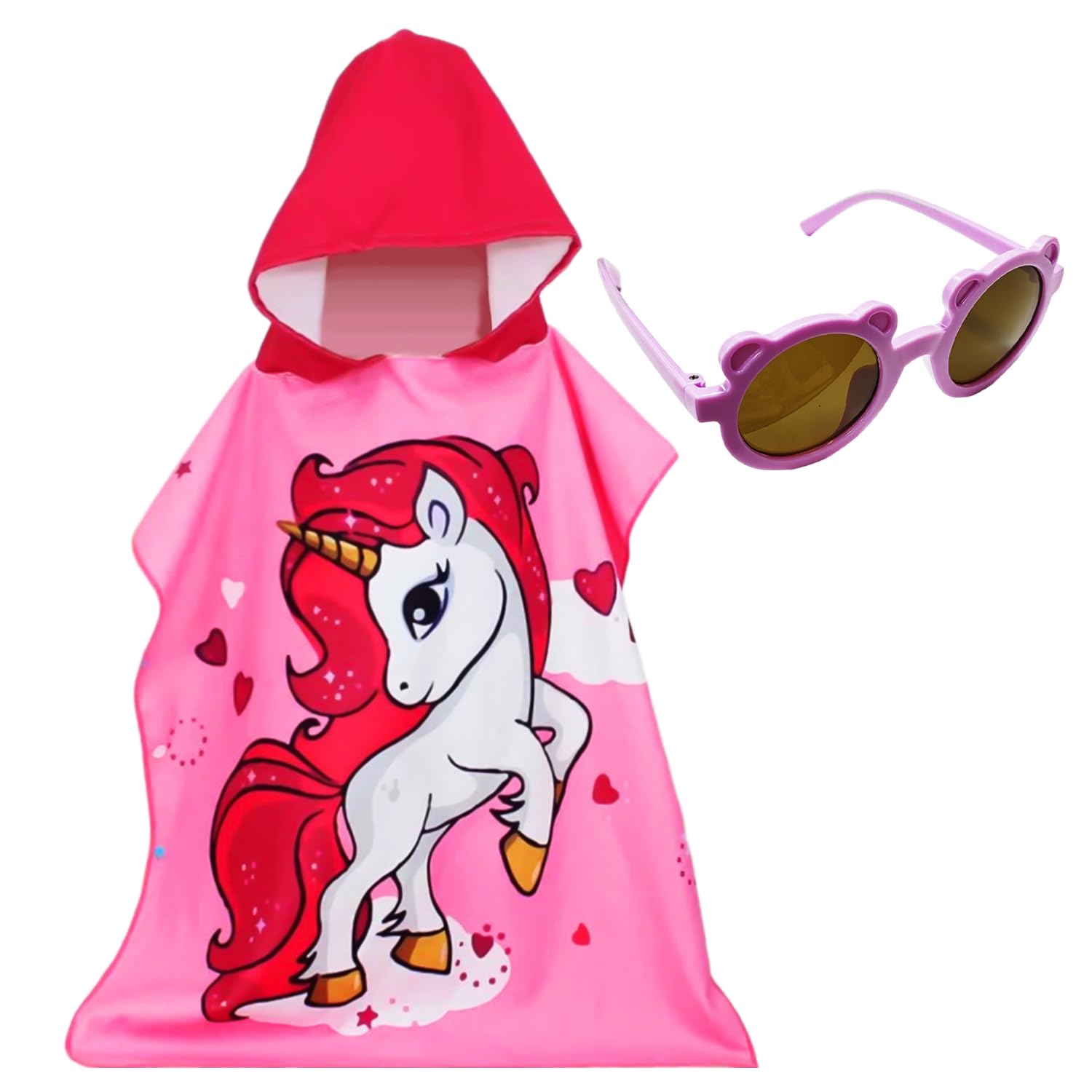 USHXVG 1 Rainbow Horse Cartoon Bath Towel, 1 Sunglasses, Hooded Bath Towel, Kids Beach Towel, Soft Absorbent Bathrobe, Hooded Poncho, Shower Towel