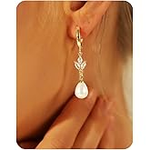 Pearl Earrings for Women-14K Gold Plated Dainty Drop Simple Wedding Dangle Dangling Cute Stud Earrings for Brides Long Wedding Earring Formal Jewelry