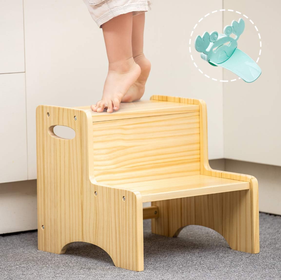 WOOD CITY Toddler Step Stool for Kids, Wooden Two Step Children's Stool with Handles, Bonus Non-Slip Pads for Safety, Bathroom Potty Stool & Kitchen Step Stools, Pine Wood: Furniture & Decor