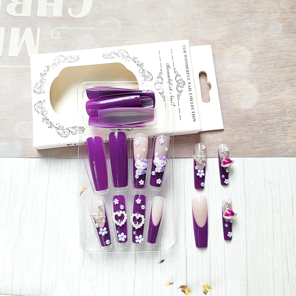 24Pcs Purple Coffin Nails Press on Nails 3D Flowers Pearl Butterfly Nail Charms Design Fake Nails with Glue Purple Acrylic Nails Supply 3D Flowers Full Cover False Nails for Women and Girls - Image 3