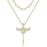 MEIITRUE Angel Heart Necklace for Women Trendy,14k Gold Plated Dainty Layered Necklaces Set Cubic Zirconia Love Drop Pendant with Movable Wings Personalized Choker Chain Jewelry Gifts for Her