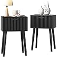 LAATOOREE Nightstands Set of 2, Small Side Table, Bedside Table with Fluted Door, Solid Wood Feet; Modern Mid-Century End Table for Bedroom, Small Space (Black)