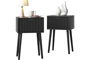 LAATOOREE Nightstands Set of 2, Small Side Table, Bedside Table with Fluted Door, Solid Wood Feet; Modern Mid-Century End Table for Bedroom, Small Space (Black)